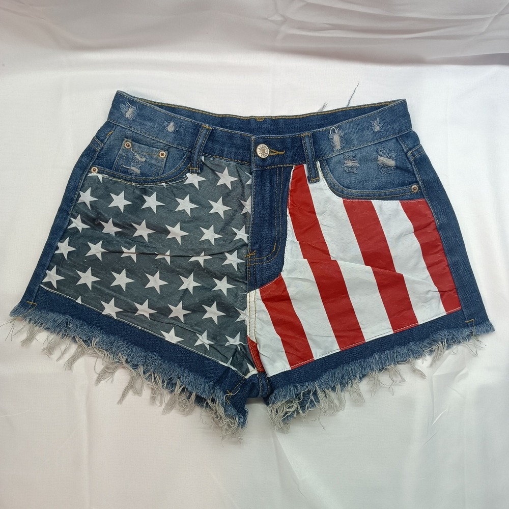American Flag Distressed Denim Shorts Womens S Blue Stars Stripes Patriotic